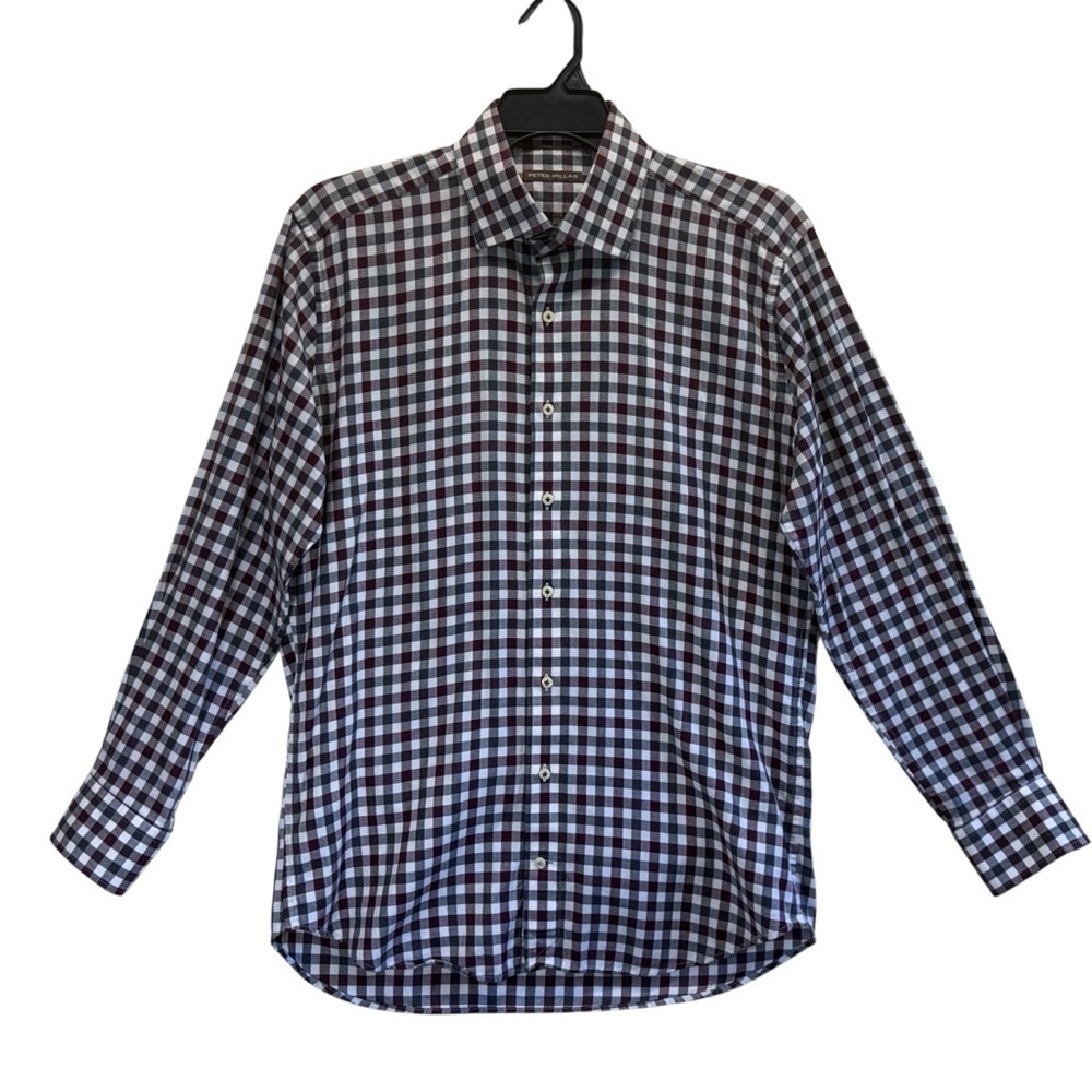 Peter Millar Men's Plaid Shirt - Blue, purple, and white. Size L